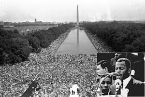 March on Washington of 250,000, Aug. 28, 1963, marked by growing fight to end Jim Crow. Organizers censored SNCC President John Lewis, inset, as too militant, too critical of John F. Kennedy’s White House.