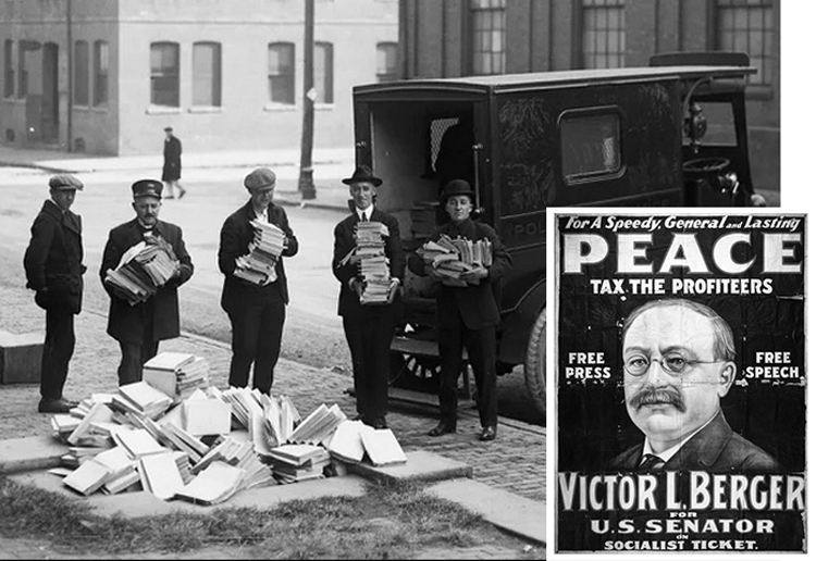 Policías de Boston incautan literatura socialista durante Redadas de Palmer en 1919-20. Recuadro, cartel de campaña del candidato del Partido Socialista Victor Berger en 1918.