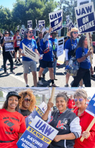 Above, UAW Local 230 strikers in Ontario, California, were buoyed in their Sept. 23 march and rally by solidarity from contingent of Writers Guild of America members who have reached a tentative agreement to end their nearly five-month strike. Below, Four striking members of UAW Local 12 in Toledo, Ohio, Sept. 18, who all work stocking the line at Stellantis Jeep plant. 
