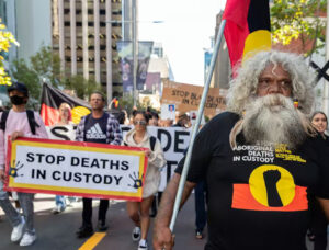 in Perth, Australia, against Aboriginal deaths in custody April 2021.