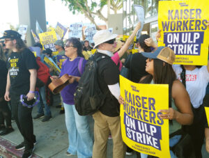 Picket line at Kaiser Permanente hospital in Los Angeles Oct. 4. A coalition of unions representing over 75,000 health care workers at Kaiser facilities nationwide are on a three-day strike for a new contract, fighting to end short staffing that cripples patient care and workers’ lives.