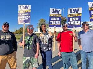 UAW Local 862 members on picket line at Kentucky Truck Plant in Louisville, Oct. 23. They welcomed expansion of strike to Stellantis plant in Michigan and GM plant in Texas.