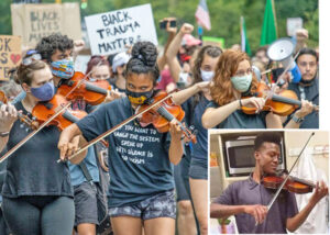 Violinists from around country played at march of thousands in Columbus, Ohio, July 4, 2020, demanding justice for Elijah McClain, killed by cops in Aurora, Colorado, in 2019. Concerts elsewhere honored McClain, inset, who played his violin to soothe animals at local shelters.