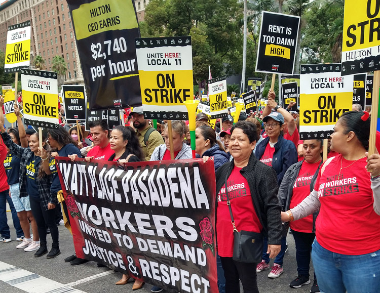 Thousands of workers from 50 Los Angeles-area hotels rallied there Oct. 25. UNITE HERE Local 11 has organized rolling strikes since July 2 in a fight for higher wages and more workers.