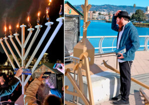 Above right, remains of menorah, smashed up in Oakland, California, Dec. 12 by vandals who left antisemitic screed. Members of Socialist Workers Party joined protest against Jew-hatred of 300 the following night, left, where rebuilt menorah was lit.