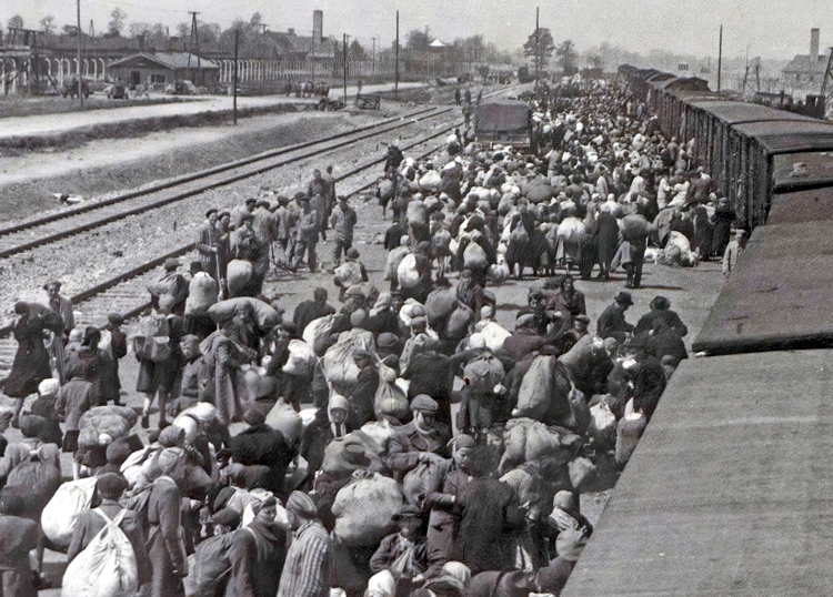 Jews deported by train from Hungary arrive at Auschwitz death camp in Poland in 1944. In the Holocaust, Nazi capitalist rulers in Germany and their allies killed 6 million Jews, a systematic, genocidal state-sponsored mass murder, the scope of which no other people have ever faced.