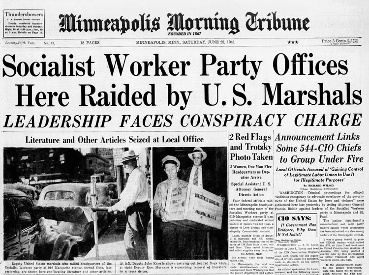 FBI raids Socialist Workers Party headquarters in Minneapolis June 1941, as Roosevelt administration led assault on constitutional freedoms to silence opposition in labor movement to U.S. rulers’ preparations for World War II.