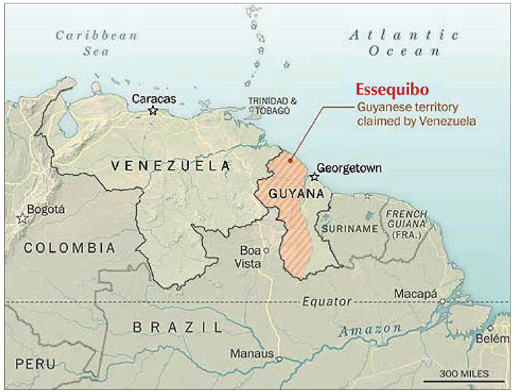Map shows Guyana territory Venezuelan government claims. Region is rich in minerals, large offshore oil reserves. Territorial dispute has long been used by Venezuelan politicians to rally nationalist support. Broader moves in region seek to blunt chance of wider conflict, war.
