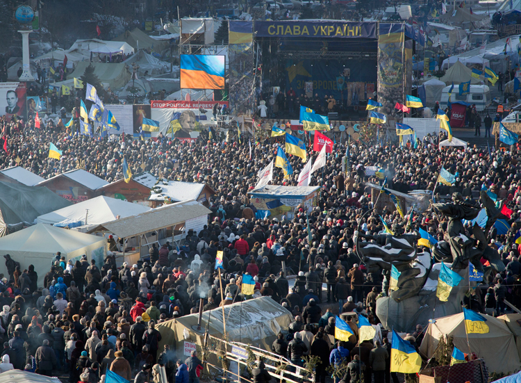 More than 50,000 people demonstrated in Kyiv’s central square Feb. 2, 2014, in 10th week of protests demanding pro-Moscow Ukraine President Viktor Yanukovych resign.