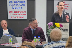 From left, Sean O’Donoghue, secretary of the Quebec-Cuba Solidarity Roundtable; Communist League member Philippe Tessier; and Angélica María Fuentes, Cuba’s consul in Montreal, addressing Jan. 20 meeting celebrating the 65th anniversary of the Cuban Revolution.