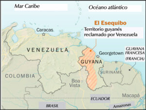 Mapa muestra territorio de Guyana que reclama Venezuela. La región es rica en minerales, reservas petroleras. La disputa territorial ha sido usada por políticos venezolanos para movilizar apoyo nacionalista. Gestiones en la región buscan prevenir conflictos, guerra.