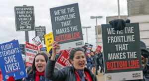 Flight attendants rally at Ronald Reagan Washington National Airport Feb. 13. SWP campaign explains how workers transform ourselves in the class struggle.