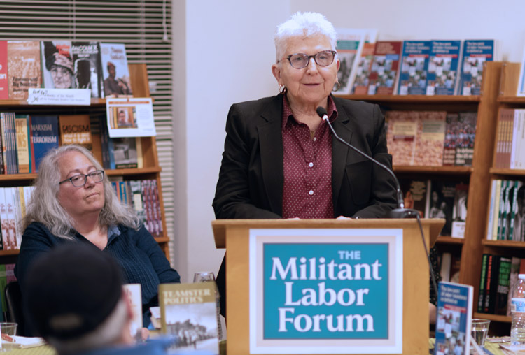“We’re organizing to bring a stop to violence against Jews,” said Margaret Trowe, Socialist Workers Party candidate for U.S. Congress, at Militant Labor Forum in Oakland, California, Jan. 28. Faith Meltzer, left, was assaulted by pro-Hamas thugs Jan. 6 in El Cerrito.