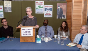 From left, Columbia professor Shai Davidai, SWP N.J. senatorial candidate Joanne Kuniansky, chair Willie Cotton, Columbia social work student Ariana Pinsker-Lehrer, and Militant staff writer Seth Galinsky at March 10 Militant Labor Forum, “The fight against Jew-hatred today.”