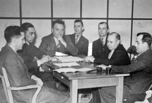 Minneapolis Teamsters Local 544’s executive board meeting in November 1937. From left, Farrell Dobbs, Grant Dunne, Carl Skoglund, V.R. Dunne, Miles Dunne, Jack Smith, Bill Brown. Skoglund, Cannon said, “played a big role” in victorious 1934 Minneapolis Teamsters strikes.