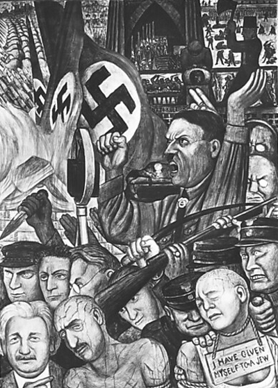 “Nazi barbarism” panel of mural by Diego Rivera for New Workers School in New York City, 1933, shows Hitler’s oppressive rule. At left, Albert Einstein points to fascists’ deadly persecution of Jewish people.