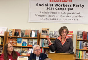 Socialist Workers Party presidential candidate Rachele Fruit presents party’s program. Left, Laura Garza, SWP candidate for Senate, Margaret Trowe, SWP candidate for vice president.