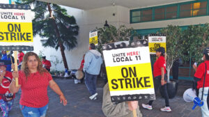Workers picket DoubleTree Hotel in San Pedro, California, March 16 during three-day strike.