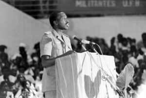 Thomas Sankara, leader of 1983-87 popular revolutionary government in Burkina Faso, delivers speech to several thousand women on International Women’s Day, March 8, 1987. He explained that “the authenticity and the future of our revolution depends on women.”
