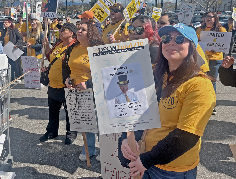 United Food and Commercial Workers union members at Food 4 Less grocery in Baldwin Park, California, and their supporters rally March 7 in fight for pay raise, safe working conditions