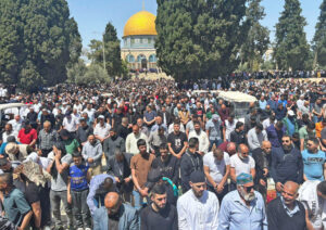 Palestinian Muslims praying peacefully at Al-Aqsa Mosque during month of Ramadan, including on last day April 5, above, rejecting Hamas’ call for confrontations against Israel.