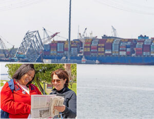 Militant photos Cranes work to remove collapsed pieces of Francis Scott Key Bridge April 9, after container ship, right, collided with it March 26. Inset, nurse Nicole Hickson, left, told SWP campaigner Arlene Rubinstein her grandmother was woken “at 1:30 a.m. as ground shook from the crash.”