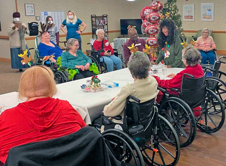 Brookdale Senior Living residents in Shawnee, Kansas, December 2023. Bosses of nationwide assisted living chain use algorithms to make staff cuts, limit time per patient to ramp up profits.