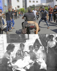 Pogroms, yesterday and today. Top, Hamas parades Jewish man murdered by death squad Oct. 7 past cheering supporters in Gaza City. Massacre in southern Israel was deadliest single attack on Jews since Hitler’s “Final Solution.” Bottom, using what Bolshevik leader V.I. Lenin called “the most savage and furious methods,” tsarist-inspired pogromists in 1906 murdered 80 Jews in Belostok, in what is now Poland. Photo shows Jewish family after assault.