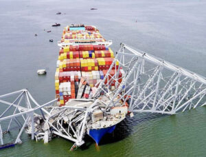 Baltimore’s Francis Scott Key Bridge collapsed when struck by huge container ship March 26. Six construction workers died, jobs of thousands of workers in port area are threatened.
