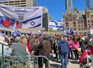 Over 1,000 people rally at Toronto City Hall April 7 in protest against Jew-hatred, demand Hamas release Oct. 7 hostages. Rally took place amid sharp increase in Jew-hatred in Canada.
