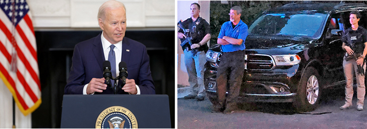 Left, President Joseph Biden, speaking May 31 at the White House, called Donald Trump supporters “semi-fascists” and “MAGA Republicans” to justify targeting his constitutional rights. Trump was found guilty May 30 in politically concocted trial violating his Sixth Amendment right “to know the nature of the charges” and to an impartial jury. Yet Biden urged no one to criticize “our justice system.” Right, Florida, August 2022. Armed raid by Justice Department on Trump home in Mar-a-Lago, trampling protections against unreasonable searches and seizures. Under bourgeois regimes, “all suppression of political rights and freedom, no matter whom they’re directed against at the start, in the end inevitably bear down upon the working class,” communist leader Leon Trotsky said in 1939.