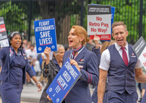 Flight attendants rally in Washington, D.C., May 9. With no pay raise in five years, their unions called protests at 30 airports June 13, demanding new contract, pay for all hours worked.