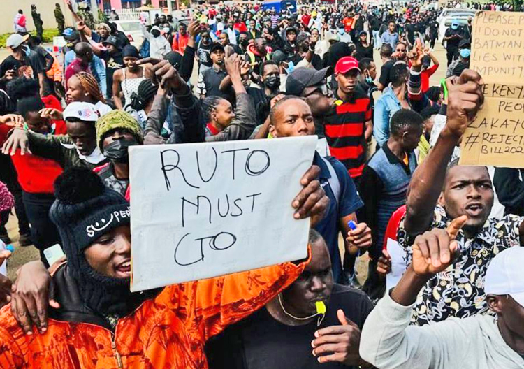 Protesters in Eldoret, Kenya, June 25. Tens of thousands took to the streets in cities across the country to de-mand end to devastating tax increases and for President William Ruto to resign.