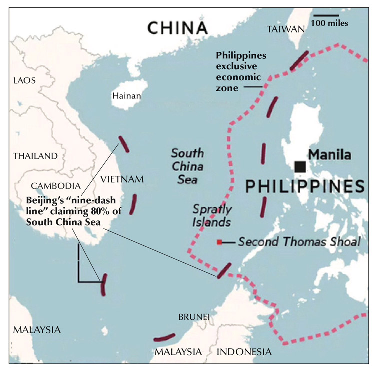 Map shows controversial old “nine-dash line” used by China’s rulers to claim 80% of South China Sea. Beijing’s claim over area has led to sharp conflicts with rival governments of the Philippines, Vietnam, Malaysia, Brunei, Indonesia and Taiwan, many backed by Washington.