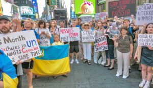 Hundreds held emergency action in New York’s Times Square July 8 against Moscow’s heaviest air assault in months. Some 43 were killed and almost 200 injured nationwide as missiles struck Ukraine’s children’s hospital in Kyiv as well as civilian targets across the country.