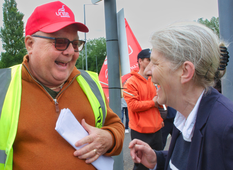 Pamela Holmes, Communist League parliamentary candidate in Tottenham, London, with Pat Gough, Unite union convenor, on Case Holland picket line June 4. Inset, Peter Clifford, front right, CL candidate for Manchester Rusholme seat with fellow rail workers on strike June 8.