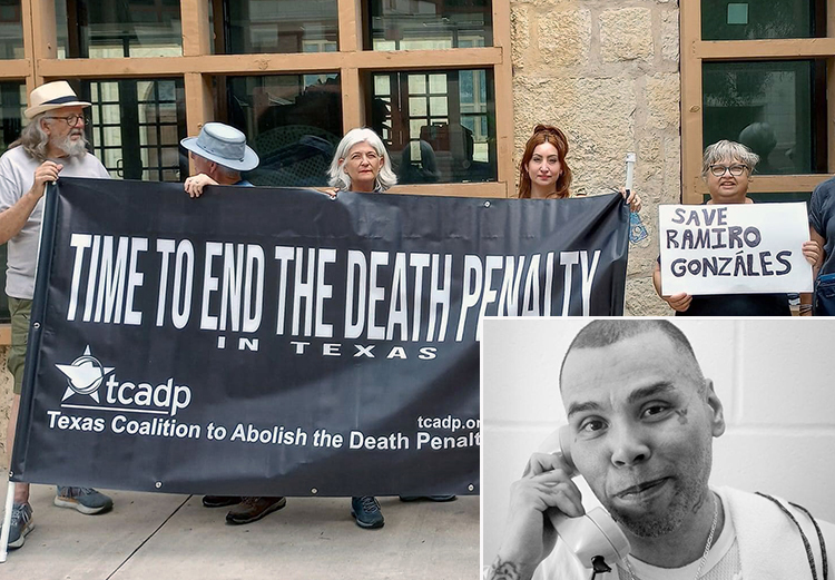 Demonstration June 26 in Texas against execution of Ramiro Gonzales, inset, who was killed despite rehabilitation, psychiatrist reversing his false testimony on “future dangerousness.”