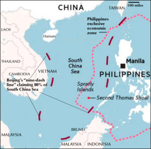 Map shows controversial “nine-dash line” used by China’s rulers to claim 80% of South China Sea. Beijing is building fortified islets in area leading to sharp conflicts with rival governments of the Philippines, Vietnam, Malaysia, Brunei, Indonesia and Taiwan, many backed by Washington.