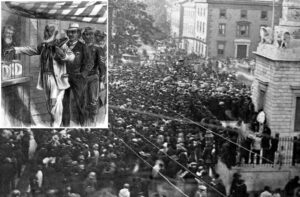 Six-mile-long march in Baltimore, Maryland, May 19, 1870, celebrates Black men winning right to vote. Inset, drawing of former slaves casting first ballots. The rights and protections guaranteed by U.S. Constitution were won in class battles over two and a half centuries.