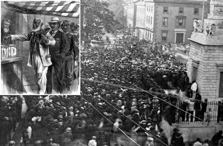 Marcha de seis millas en Baltimore, Maryland, mayo 10, 1870, celebra obtención del derecho al voto para hombres negros. Recuadro, dibujo de ex esclavos votando por primera vez. Los derechos y protecciones garantizados por la Constitución fueron obtenidos a través de batallas de clase a lo largo de dos siglos y medio.