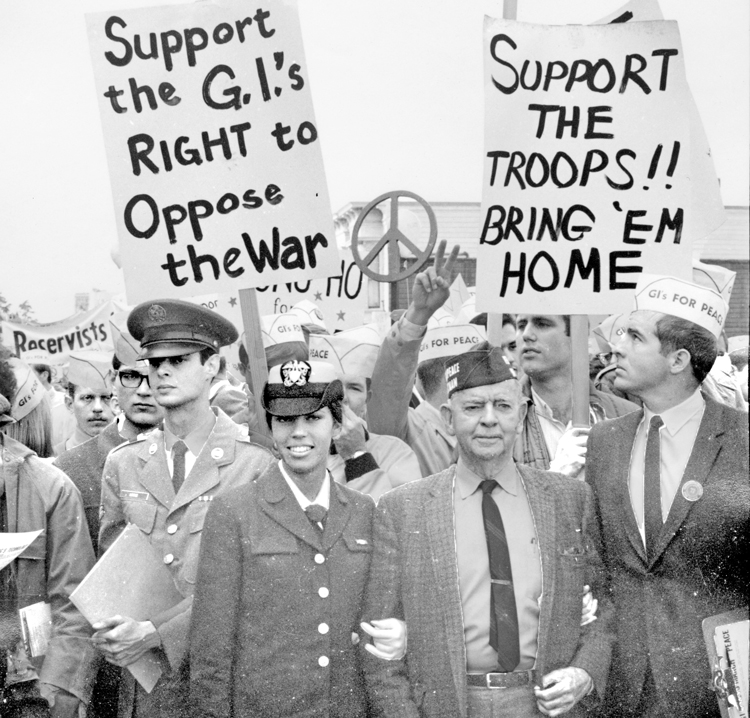 Active-duty GIs and retired general, center, lead 500 military personnel in San Francisco anti-Vietnam War protest Oct. 12, 1968. Growing opposition by troops helped win millions of workers at home to turn against the war.