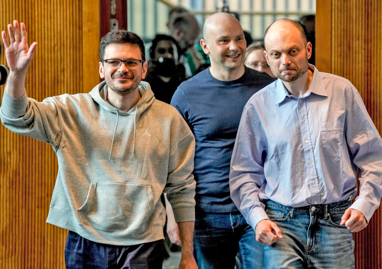 Freed Russian political prisoners, from left, Ilya Yashin, Andrei Pivovarov and Vladimir Kara-Murza at Aug. 2 press conference in Bonn, Germany. Like hundreds of others, they were thrown in prison for opposing Vladimir Putin regime, Moscow’s invasion of Ukraine.