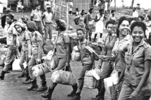 Literacy brigadistas heading out to Cuba’s rural areas in early 1961. Over 100,000 volunteers, over half of them women, taught peasants to read and write, and they learned more about countryside.