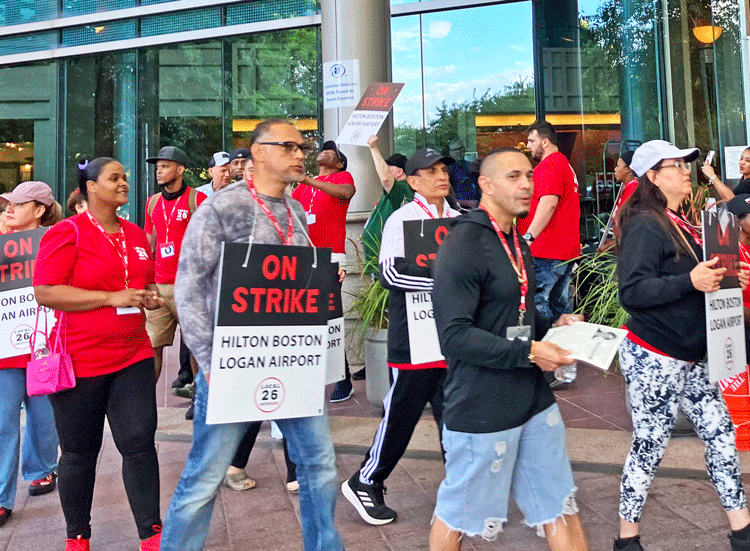 UNITE HERE Local 26 picket at Hilton Boston Logan Airport hotel Sept. 1. “All they care about is how much money they can squeeze out of us,” striking worker Stefica Trtanj told the Militant.