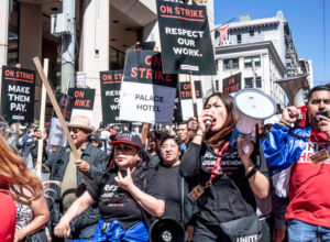 Hotel workers, majority women, march outside Marriott hotel in San Francisco Sept. 2 during three-day strike. UNITE HERE members struck across the country for higher wages, staffing.