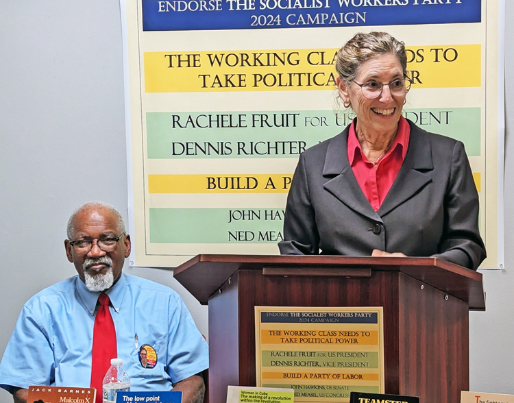 Rachele Fruit, Socialist Workers Party candidate for U.S. president, spoke at public meeting in Cincinnati Sept. 22. John Hawkins, SWP candidate for U.S. Senate from Ohio, is on left.