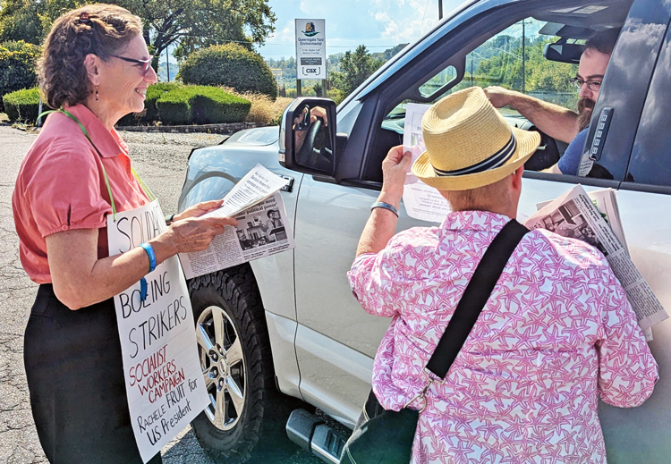 Rachele Fruit, left, SWP candidate for president, and campaign supporter Jacquie Henderson, campaigning at Cincinnati CSX rail yard to build solidarity with Boeing workers strike, Sept. 21.