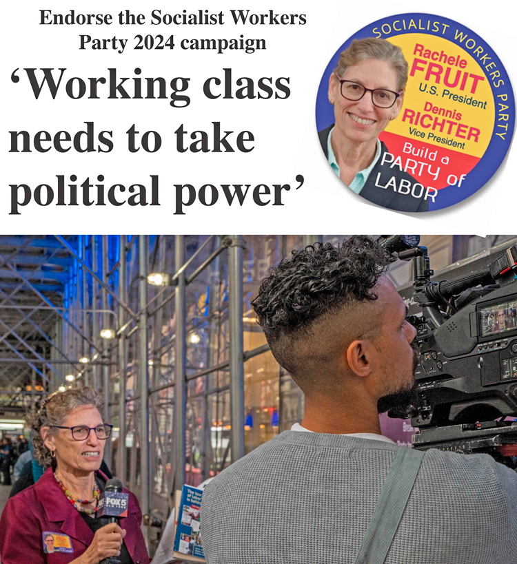 Rachele Fruit, SWP presidential candidate, is interviewed by Fox News at Sept. 7 New York Labor Day march. She spoke with workers there, at Harlem Book Fair and at a public meeting.