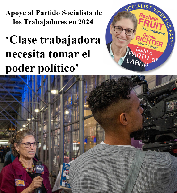 Rachele Fruit, candidata presidencial del PST, es entrevistada por Fox News en acto del Día del Trabajo en Nueva York, sept. 7. Habló con trabajadores allí y en Fería del Libro en Harlem.