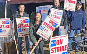 Picket line outside Boeing plant in Everett, Washington, Sept. 30. Honks and cheers greeted the striking Machinists. “You guys should get what you’re asking for,” one driver shouted.